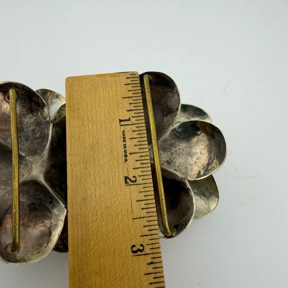 Vintage Artisan Hammered Metal 3D Flower Belt Buckle Silver Tone Statement